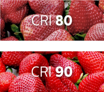 "Comparison of strawberries under CRI 80 and CRI 90 lighting, demonstrating enhanced color rendering for fresh produce displays."