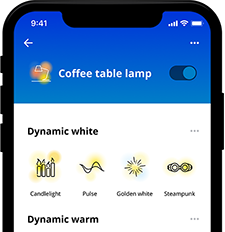 "WiZ app interface for LED lamps, displaying dynamic white and warm lighting presets for customizable home illumination."